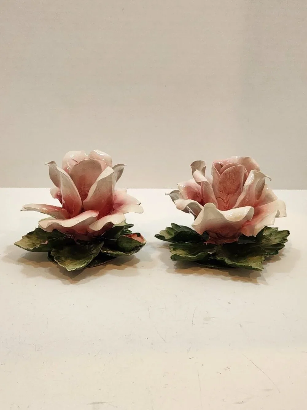 Vintage Pair of Capodimonte Porcelain Rose Candle Holders Italy